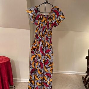 Off-Shoulder Floral Maxi Dress in Yellow & Burgundy